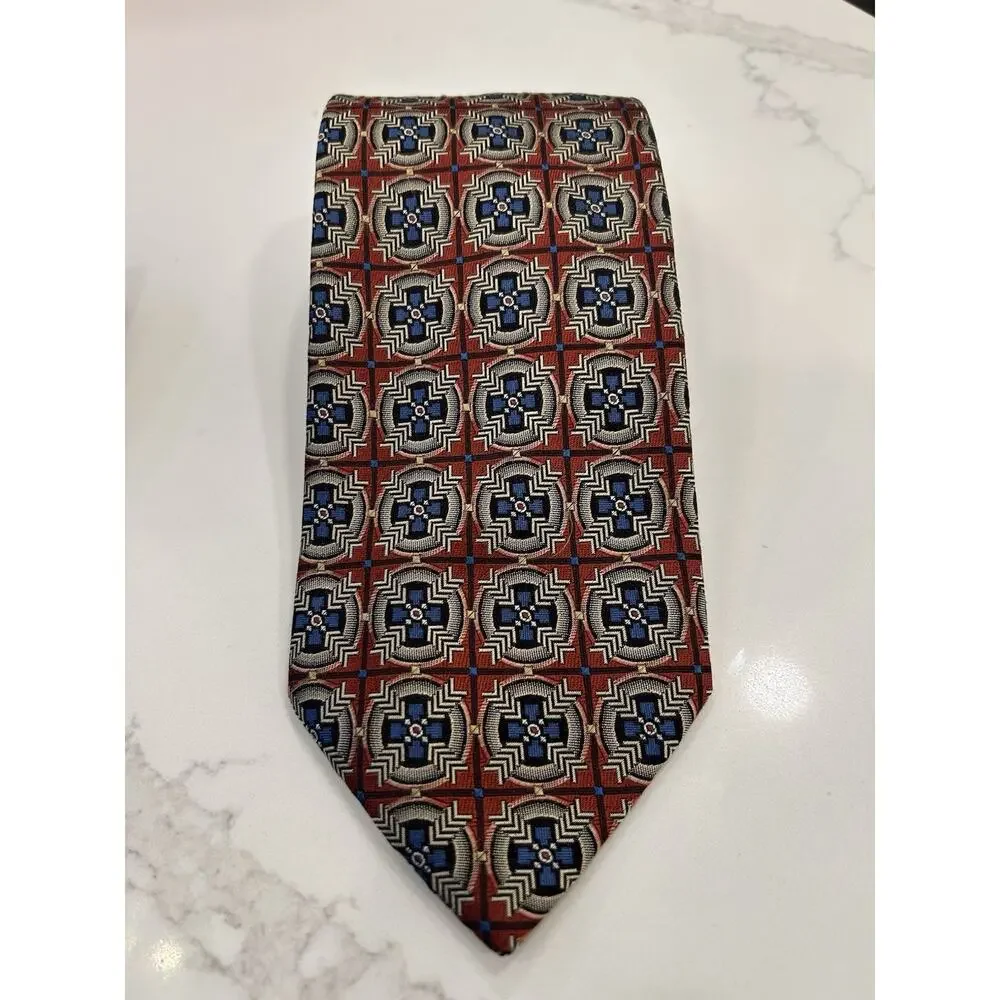 Frank Lloyd Wright Foundation Mens Tie 3.5” Brown Geometric Silk Made In Italy